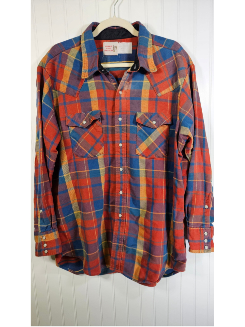 Vintage Saddle King Western Pearl Snap Flannel Shirt Made USA Plaid Ranchwear XL
